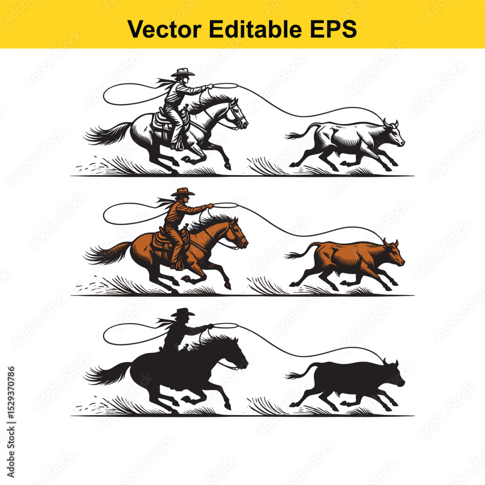 Obraz premium Cowboy Chasing a Runaway Steer on Horseback – Western Rodeo Action & Ranch Life