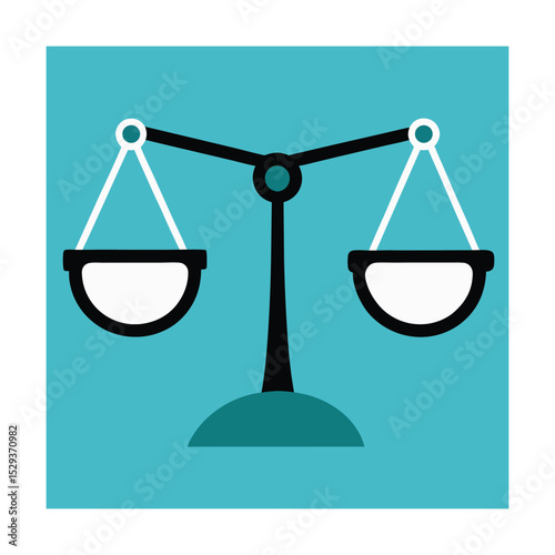 Simple vector illustration of a scales of justice on a teal background representing fairness and law