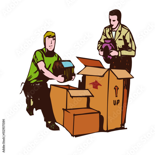 Two Men Carefully Packing Fragile Items into Cardboard Moving Boxes