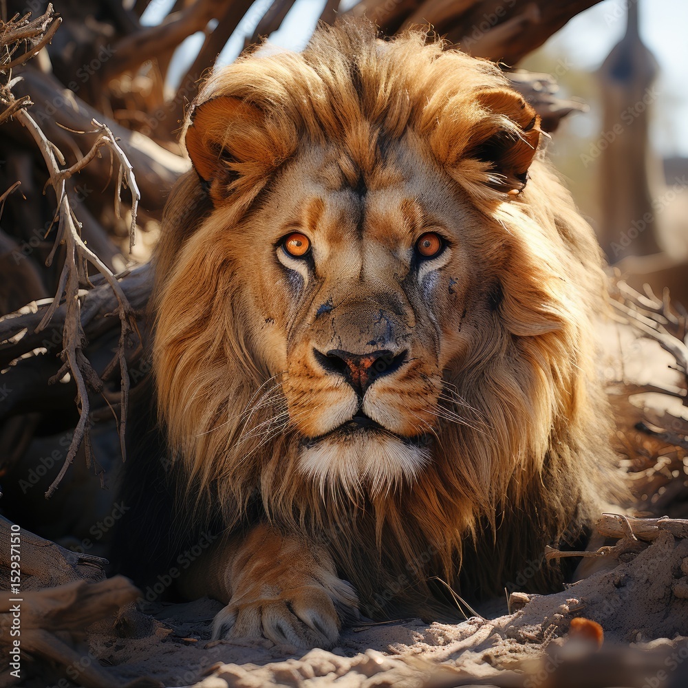 Naklejka premium A powerful image of a lion with an intense gaze, symbolizing strength and bravery in its natural habitat amongst a backdrop of nature's raw beauty.