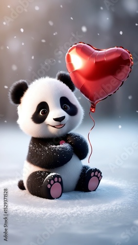 Adorable Fluffy Panda Holding Red Heart Balloon in Snowy Winter Wonderland Sweet Love & Friendship Art Print