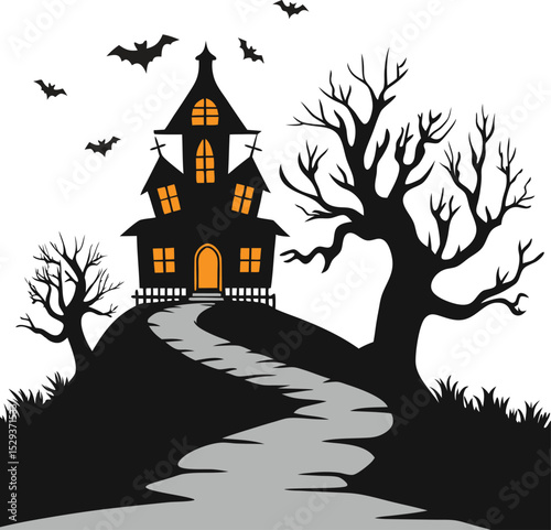 Halloween haunted house silhouette, ghost house, Halloween, house, night, moon, castle, haunted, bat, silhouette, house silhouette
