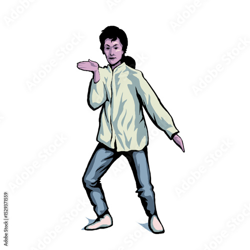 Young Man Practicing Ancient Martial Arts Form in Casual Clothing