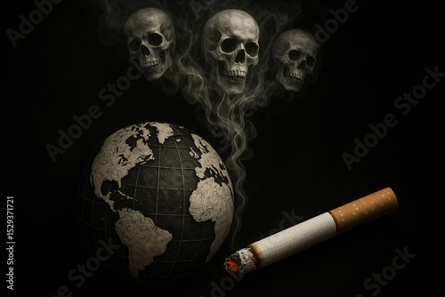 Dark concept showing the Earth as a cigarette, with skull-shaped smoke rising. Striking symbol of smoking’s global death toll and environmental harm. World no tobacco day.