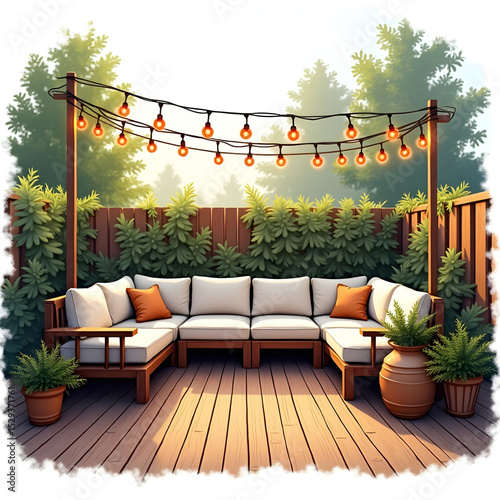Outdoor patio with wooden deck, seating, and string lights – A cozy backyard space featuring cushioned seating, a wooden deck floor, and decorative lights hanging above, realistic detail on white back