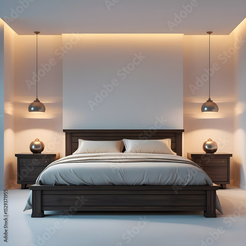 Master bedroom with king-size bed and soft ambient lighting – A modern, well-lit master bedroom with a large bed, neutral bedding, and hanging side lamps, realistic detail on white background.

