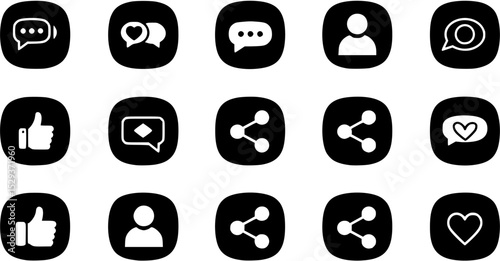 Set of generic social media user interface icons. Like, comment, share and save icons. Social media flat icons. Vector, flat outline icon isolated on white, 10 eps.