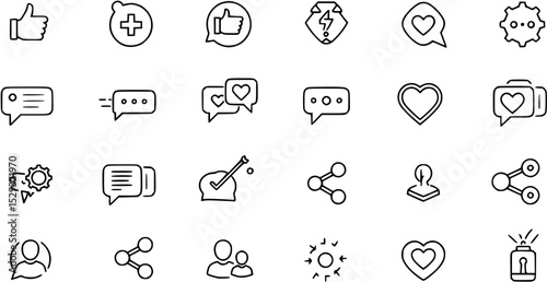 Set of generic social media user interface icons. Like, comment, share and save icons. Social media flat icons. Vector, flat outline icon isolated on white, 10 eps.