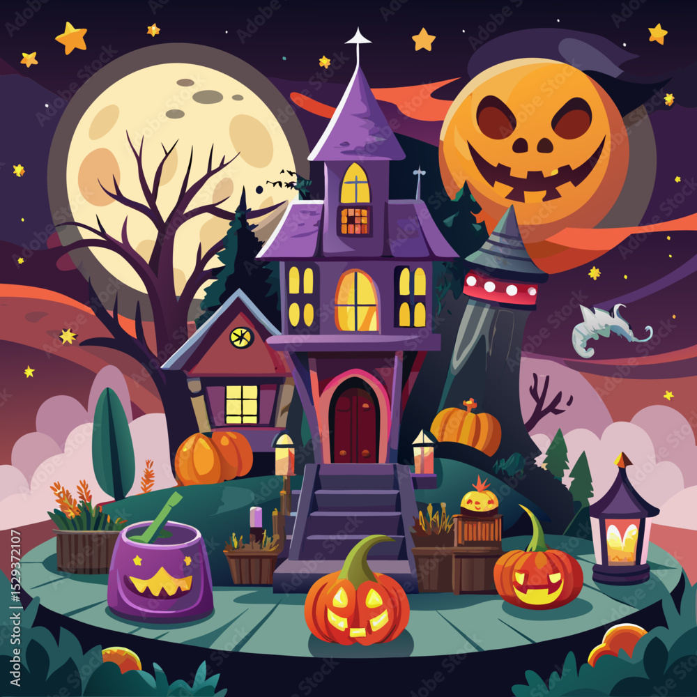 Fototapeta premium halloween background with house and pumpkins
