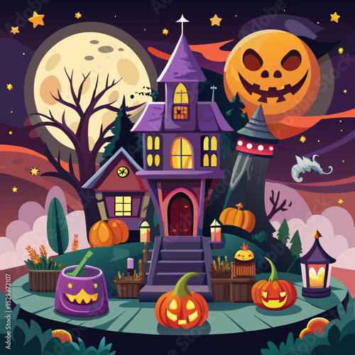 halloween background with house and pumpkins