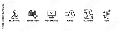 Hackathon banner web icon vector illustration concept for design sprint-like social coding event with icon of brainstorm, development, programming, timing, speed, teamwork, and goal