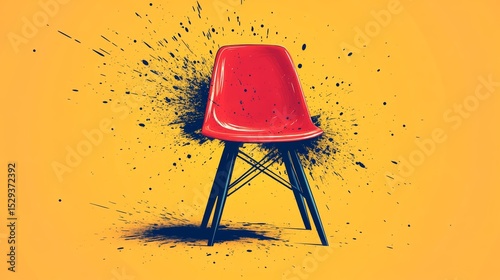 Vibrant Red Chair with Artistic Splash on Bright Yellow Background