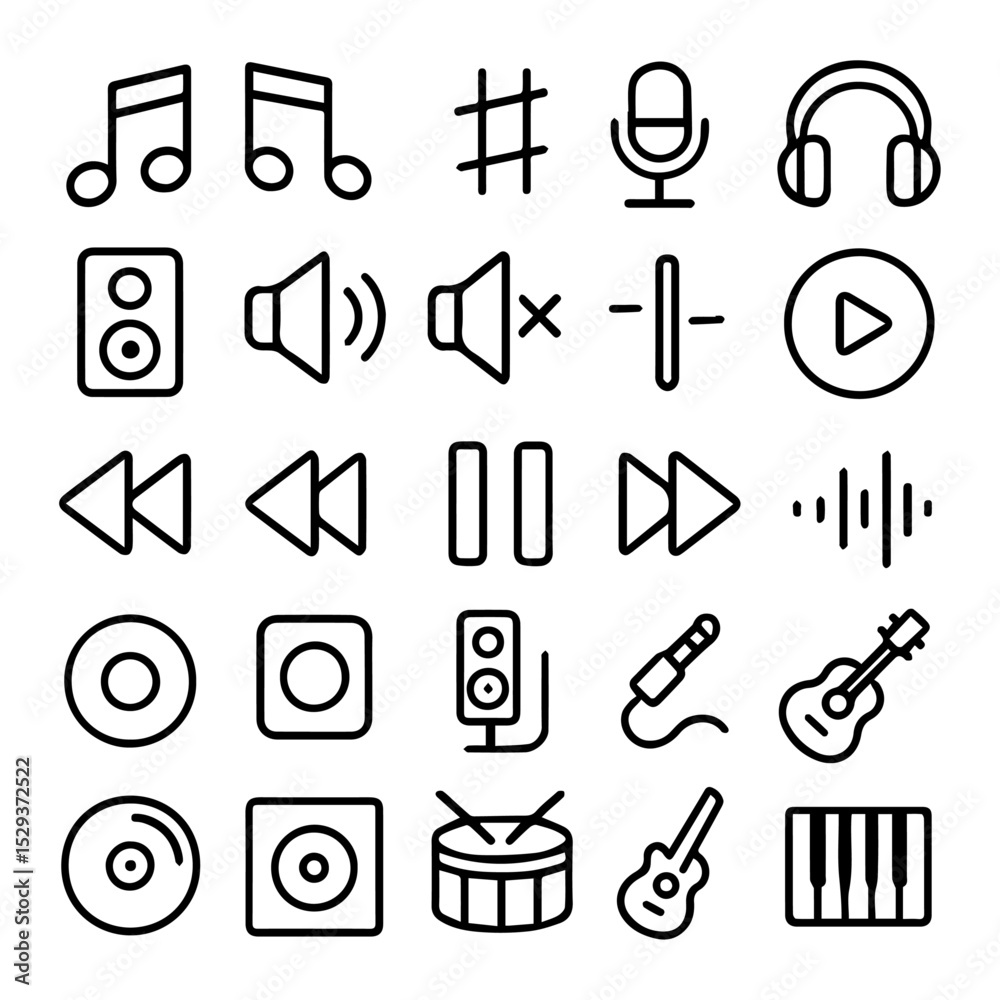 Obraz premium Music and Audio Icons Set, 25+ Sound, Instruments, and Playback Symbols 