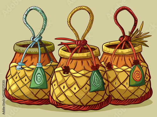 vector of Three bags that are woven from rustic hemp thread and old charm...