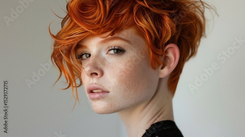 Fiery copper red pixie cut softly curled styled with an artistic avant garde touch photo