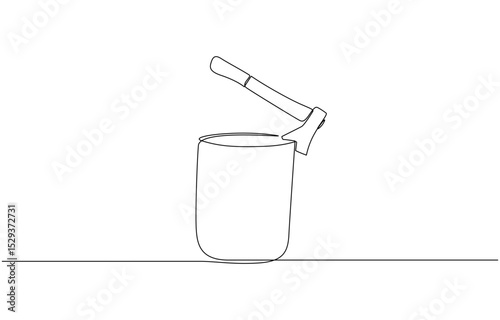 Single continuous line drawing hatchet in beside tree stump, A hatchet stuck in the wood. wood devastation, and ecosystem destruction concept illustration.