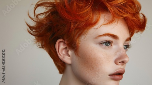 Fiery copper red pixie cut softly curled styled with an artistic avant garde touch
