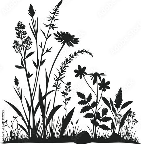 
This collection of black silhouette images features various wild plants and flowers, some with elements like small stones or butterflies.