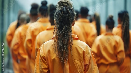 A group of women wearing orange prison suits walks in a single-file line, highlighting themes of confinement and resilience amid societal challenges faced by incarcerated individuals.