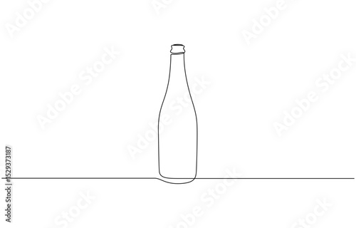 Champagne bottle with open cork and splash of bubbles in elegant continuous line art, Minimalist linear sketch of alcohol drink in glass and bottle.