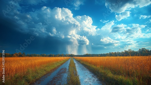 Serene Country Road in Golden Field Under Dramatic Cloudy Sky