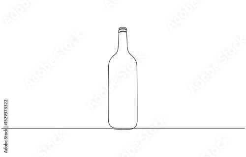 Champagne bottle with open cork and splash of bubbles in elegant continuous line art, Minimalist linear sketch of alcohol drink in glass and bottle.