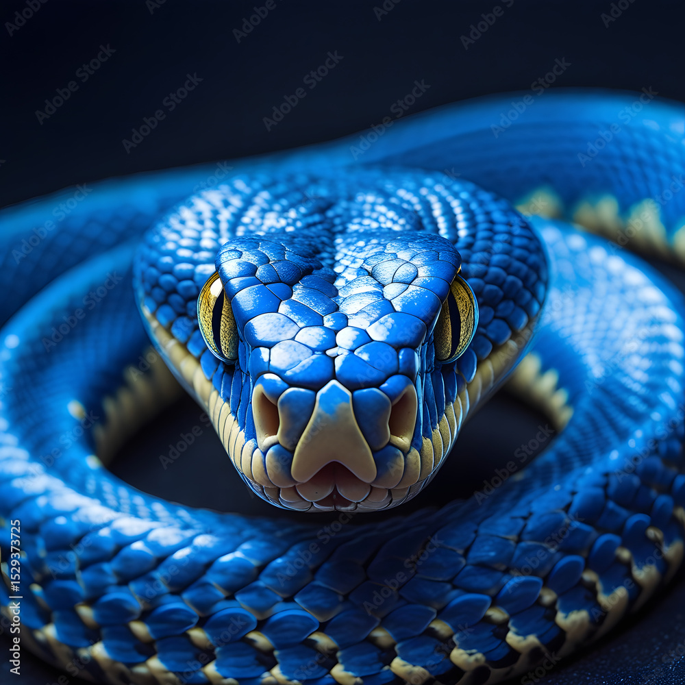 Fototapeta premium Green snake soaring on blue background with detailed scales and sharp eye