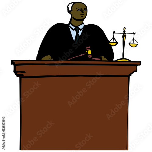 A solemn judge presides over a courtroom with justice scales and gavel
