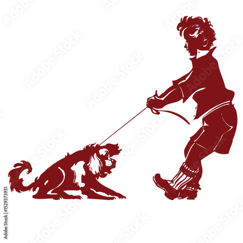 A Determined Child Struggles To Walk A Stubborn Dog On A Leash