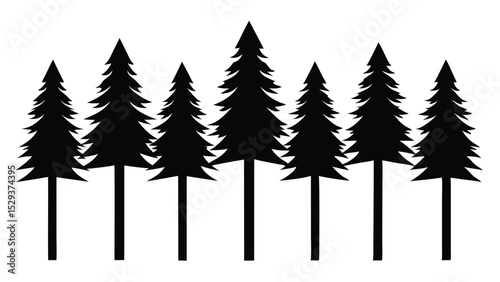 Seven silhouettes of evergreen trees in a row
