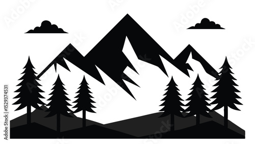 Majestic mountain range silhouette with evergreen trees and clouds