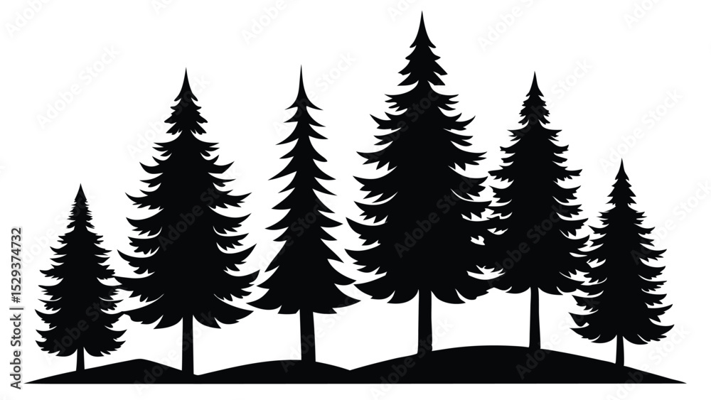 Fototapeta premium Silhouetted evergreen trees on a hillside winter landscape