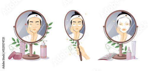 Set of Korean woman doing skincare spa routine and reflecting in the mirror