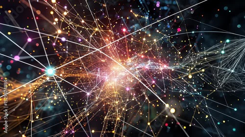 Dynamic particle explosion with vibrant light trails and radiant bursts in motion sequence. Big data visualization