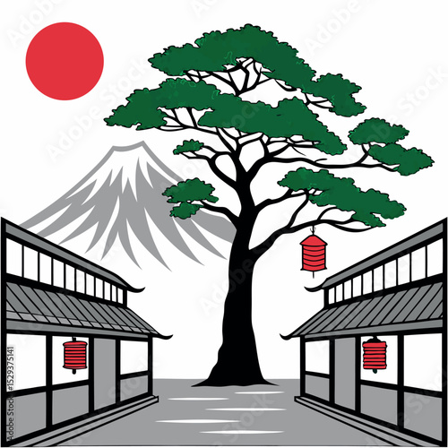 Japanese landscape with mount fuji buildings and lanterns vector illustration