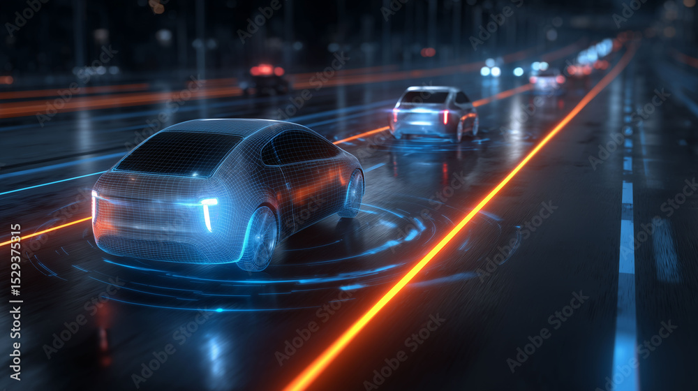 Fototapeta premium holographic interface, smart road with digital lanes, glowing sensors detecting surroundings, high-tech transportation scene