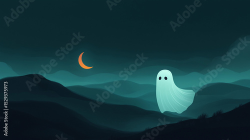 Cute cartoon ghost floating in a dark and mysterious night landscape under a crescent moon