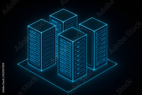 Isometric illustration of glowing servers in a data center.