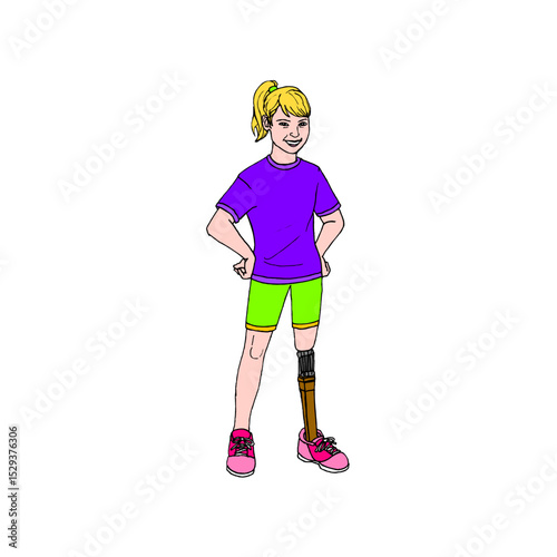 Smiling girl with prosthetic leg wearing athletic clothes