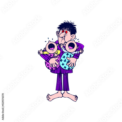 Overwhelmed father holding crying twins
