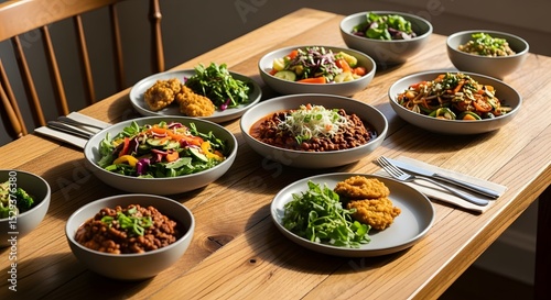 Fototapeta Naklejka Na Ścianę i Meble -  Variety of fresh colorful healthy food bowls arranged on a wooden table, top-down view showcases diverse salads and meals for a balanced diet, natural lighting highlights the appetizing presentation.