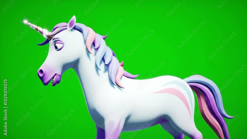 Cartoon unicorn animated profile view green screen