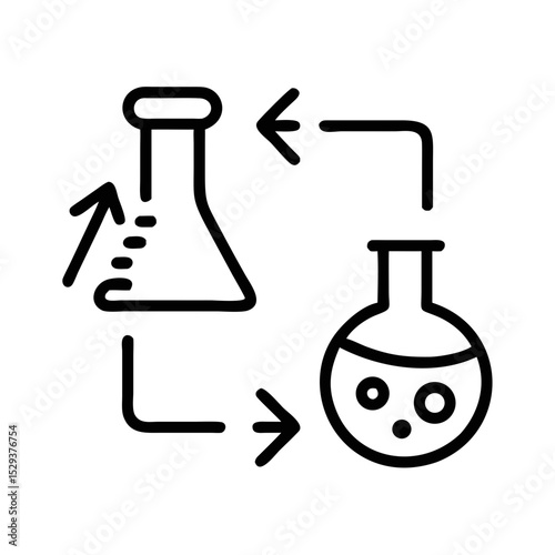 Chemical reaction process illustrated with laboratory equipment symbols  