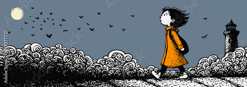 Illustration minimaliste: enfant en manteau orange contemplant le ciel