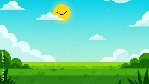 Happy cartoon landscape with a smiling sun, green meadow and blue sky. Cute vector background for kids.