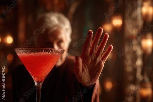 A senior man refusing a bright red martini in a bar with a stop hand gesture, symbolizing abstinence from alcohol, a personal choice, health awareness, and responsible lifestyle choices.