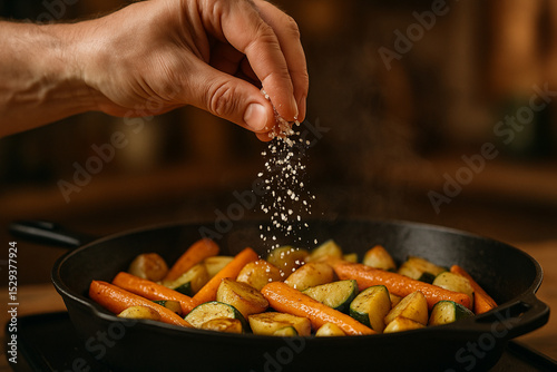 Realistic Hands Sprinkling Salt Over a Pan of Roasted Vegetables – High-End Kitchen Scene for Culinary Branding or Recipe Ads photo