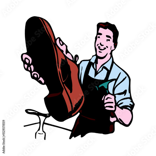 Happy cobbler repairing a shoe with tools