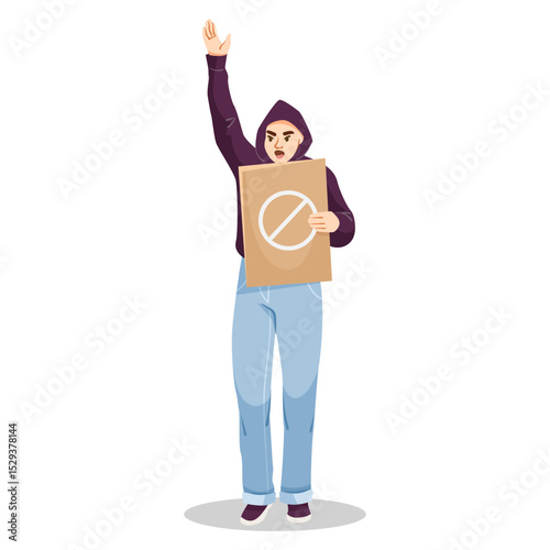Person in hoodie raising hand while holding protest sign with prohibition symbol, flat graphic style, isolated on white background. Concept of protest. Vector illustration