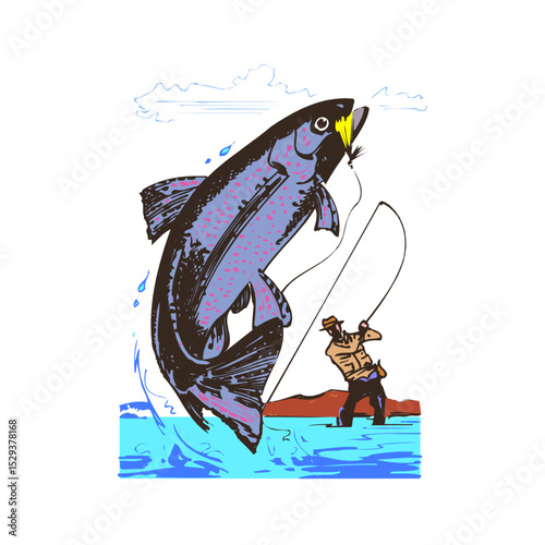 Fly fisherman landing a large trout